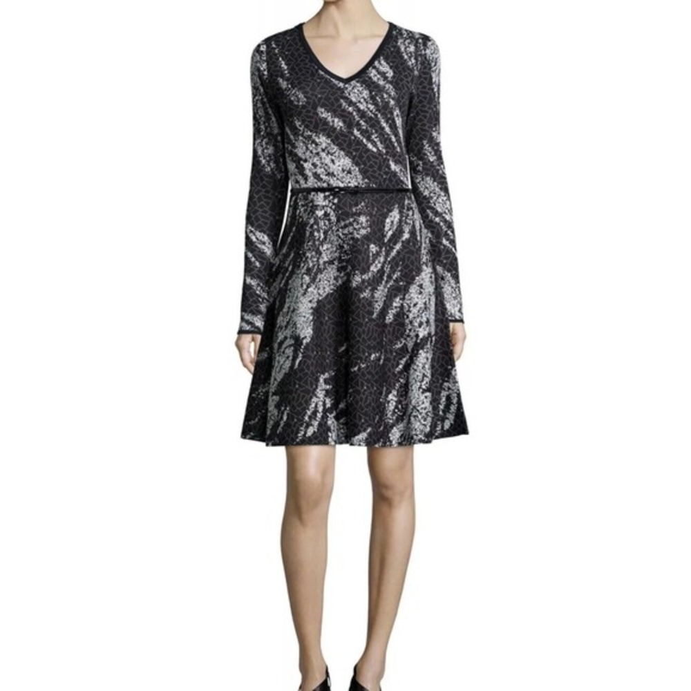 Carmen Marc Valvo Women Black White Abstract Print Long Sleeve Knit Dress Size L